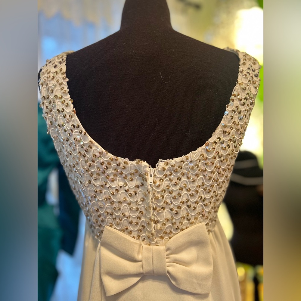 Vintage White Beaded Empire Waist Cocktail Dress Bow Detail A line cut